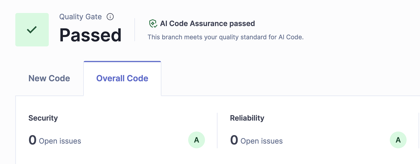 AI Code Assurance — SonarQube quality gate passed with AI Code Assurance verification for the main branch
