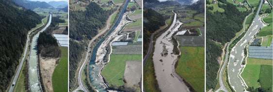 Rienza a Ilsterner Au: da sinistra verso destra si osserva la riqualificazione della Rienza e la risposta dell'area riqualificata a seguito di un evento di piena. 