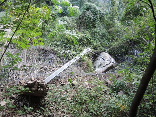 Steinschlagereignis, aufgehalten durch Steinschlagschutzzaun entlang der Sarner Straße bei Halbweg, Gemeinde Sarntal