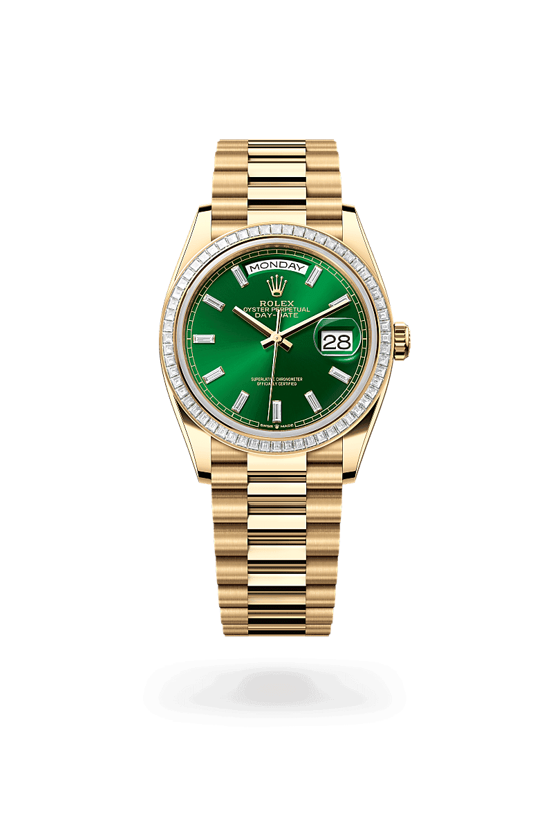 Rolex Day-Date 36 in Oyster, 36 mm, geelgoud en diamanten with a Heldergroen, bezet met diamanten dial, Bezet met diamanten bezel, and President, halfronde driedelige schakels bracelet