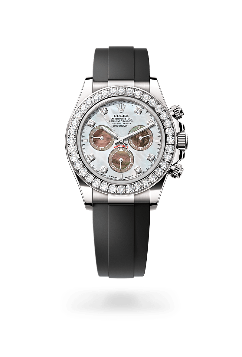 Rolex Cosmograph Daytona in Oyster, 40 mm, witgoud en diamanten with a Wit en zwart parelmoer bezet met diamanten dial, Bezet met diamanten bezel, and Oysterflex-band bracelet
