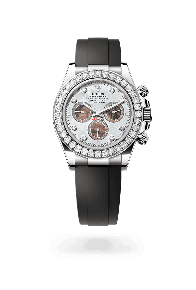 Rolex Cosmograph Daytona in Oyster, 40 mm, witgoud en diamanten with a Wit en zwart parelmoer bezet met diamanten dial, Bezet met diamanten bezel, and Oysterflex-band bracelet