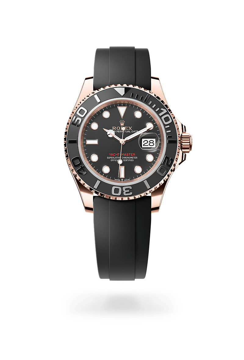 Rolex Yacht-Master 40 in Oyster, 40 mm, Everose gold with a Intense black dial, Bidirectional rotatable 60-minute graduated bezel with matt black Cerachrom insert in ceramic, polished raised numerals and graduations bezel, and Oysterflex bracelet