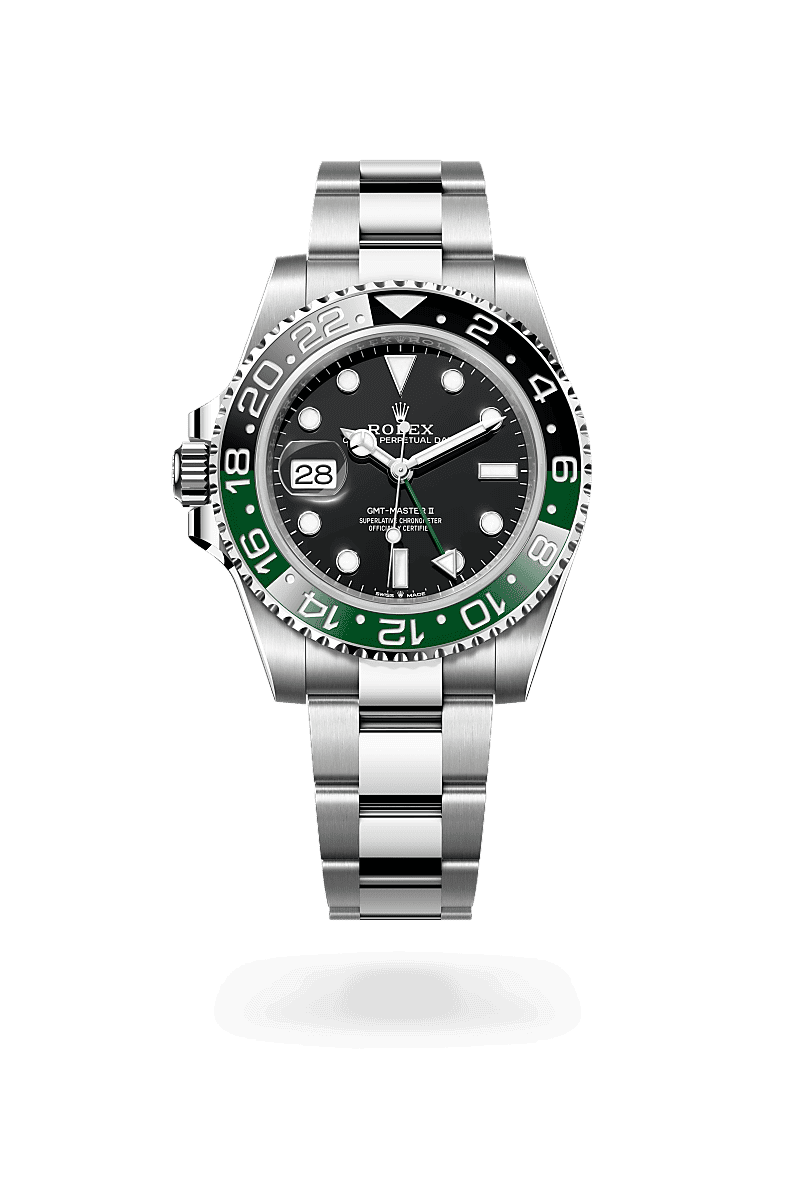 Rolex GMT-Master II in Oyster, 40 mm, Oystersteel with a Black dial, Bidirectional rotatable 24-hour graduated bezel. Two-colour green and black Cerachrom insert in ceramic, moulded numerals and graduations bezel, and Oyster, three-piece solid links bracelet
