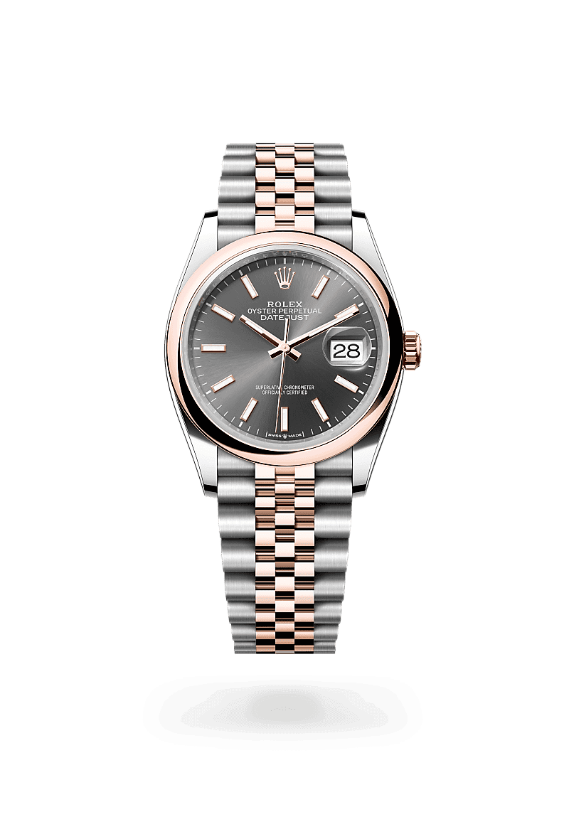 Rolex Datejust 36 in Oyster, 36 mm, Oystersteel and Everose gold with a Slate dial, Domed bezel, and Jubilee, five-piece links bracelet