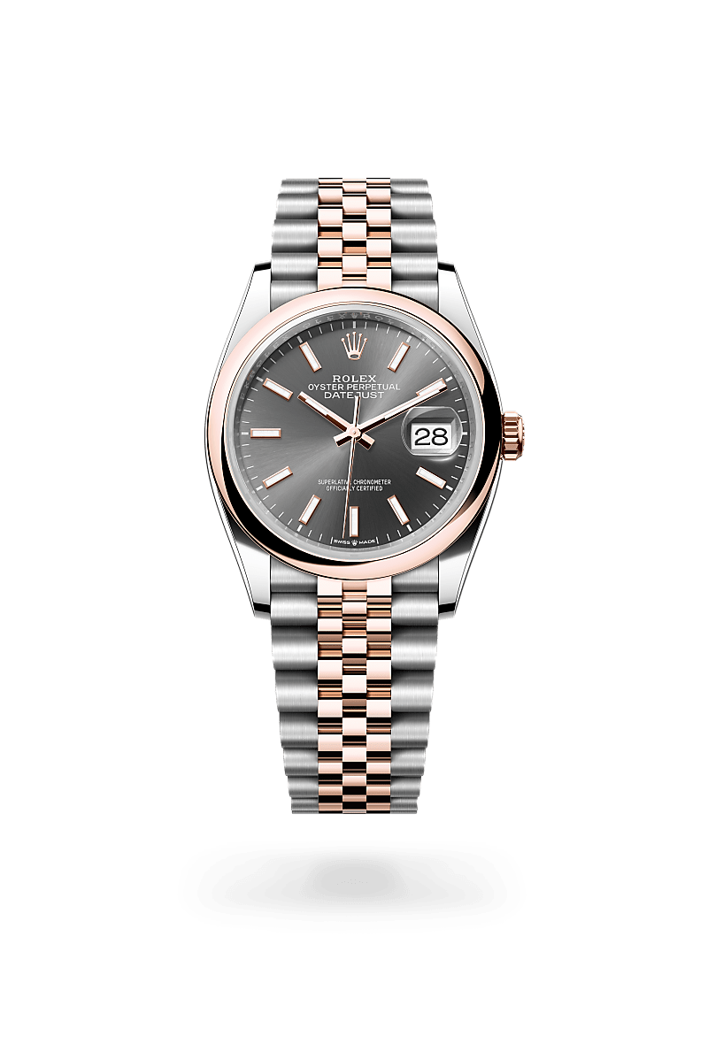 Rolex Datejust 36 in Oyster, 36 mm, Oystersteel en Everose-goud with a Leigrijs dial, Gewelfd bezel, and Jubilee, vijfdelige schakels bracelet