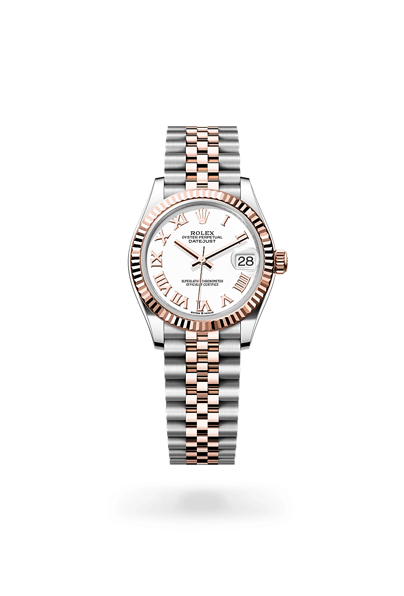 Rolex Datejust 31 in Oyster, 31 mm, Oystersteel en Everose-goud with a Wit dial, Gekarteld bezel, and Jubilee, vijfdelige schakels bracelet