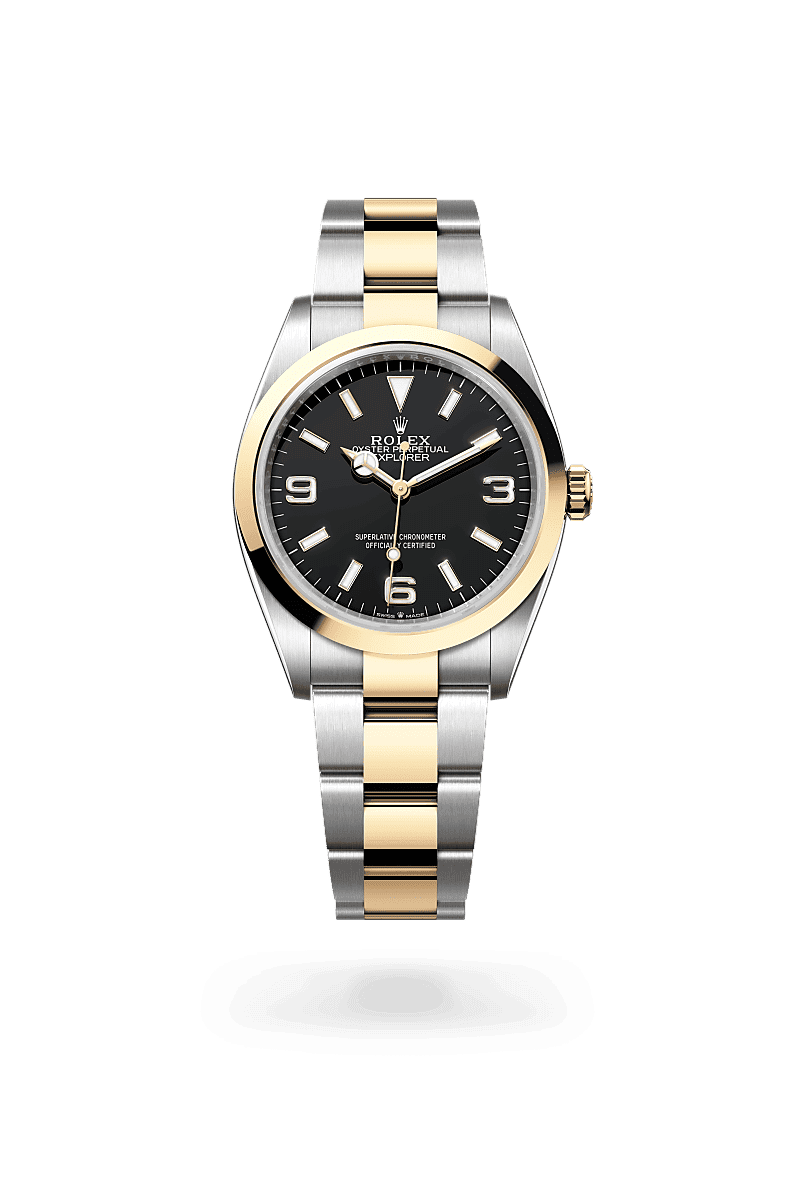 Rolex Explorer 36 in Oyster, 36 mm, Oystersteel and yellow gold with a Black dial, Smooth bezel, and Oyster, three-piece solid links bracelet