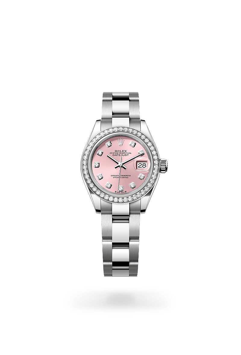 Rolex Lady-Datejust in Oyster, 28 mm, Oystersteel, white gold and diamonds with a Pink set with diamonds dial, Set with diamonds bezel, and Oyster, three-piece solid links bracelet