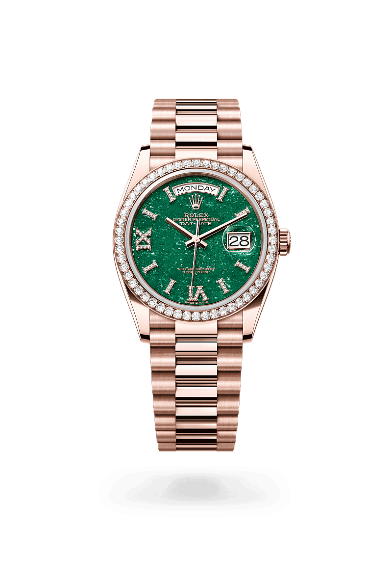 Rolex Day-Date 36 in Oyster, 36 mm, Everose-goud en diamanten with a Groene aventurijn bezet met diamanten dial, Bezet met diamanten bezel, and President, halfronde driedelige schakels bracelet