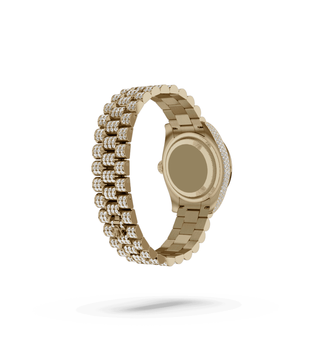 Rolex Lady-Datejust in Oyster, 28 mm, geelgoud en diamanten with a Belegd met diamanten dial, Bezet met 44 briljantgeslepen diamanten bezel, and President, driedelige massieve schakels, bezet met 596 briljantgeslepen diamanten bracelet