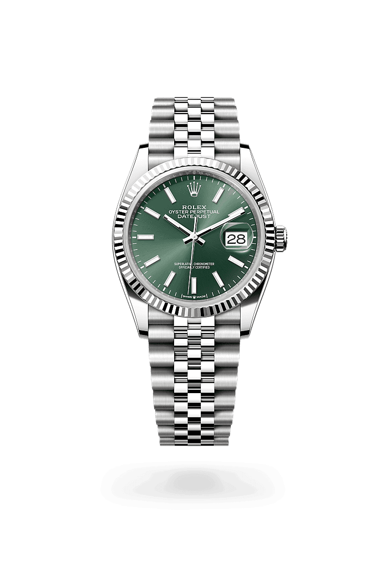 Rolex Datejust 36 in Oyster, 36 mm, Oystersteel en witgoud with a Mintgroen dial, Gekarteld bezel, and Jubilee, vijfdelige schakels bracelet