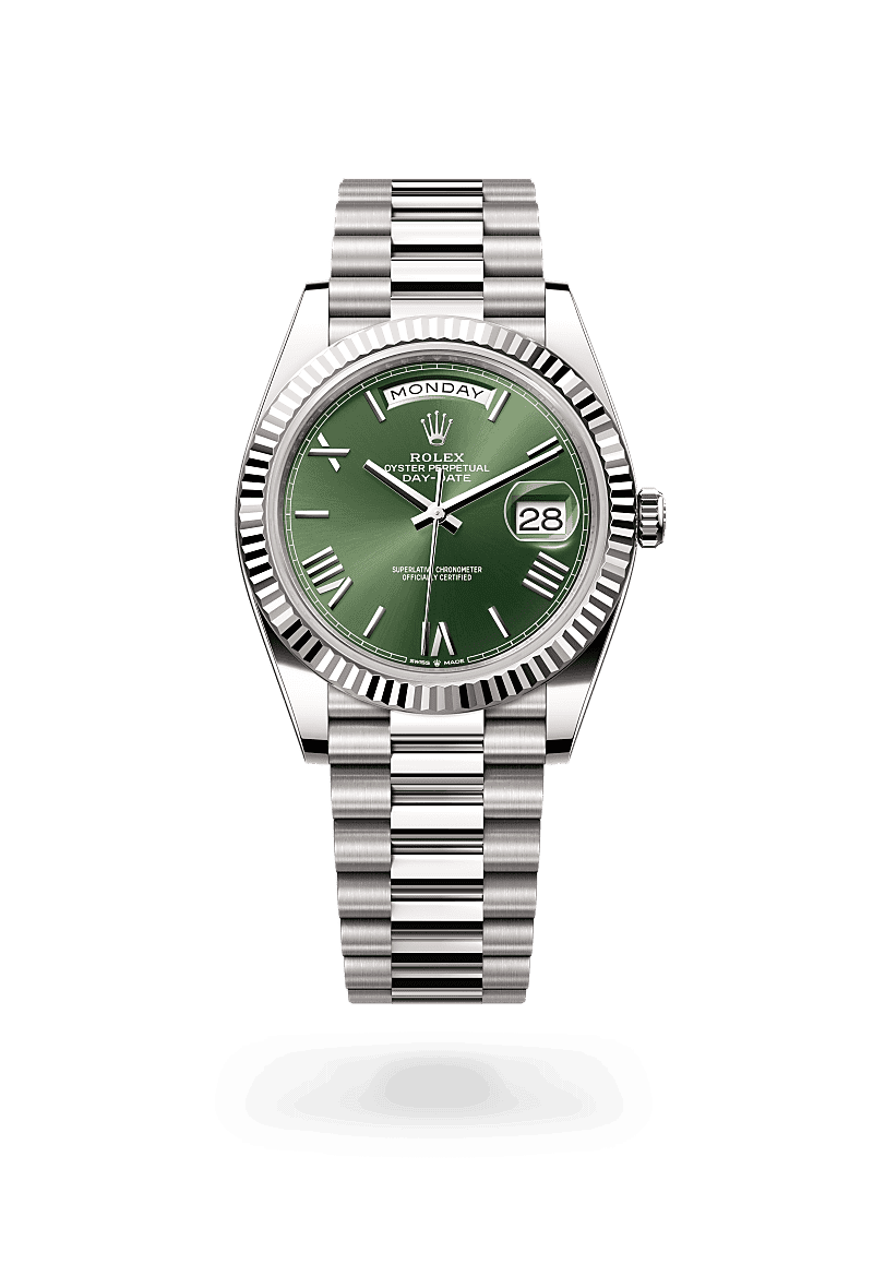 Rolex Day-Date 40 in Oyster, 40 mm, white gold with a Olive green dial, Fluted bezel, and President, semi-circular three-piece links bracelet