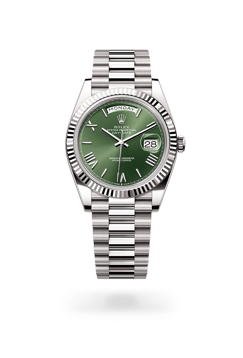 Rolex Day-Date 40 in Oyster, 40 mm, white gold with a Olive green dial, Fluted bezel, and President, semi-circular three-piece links bracelet