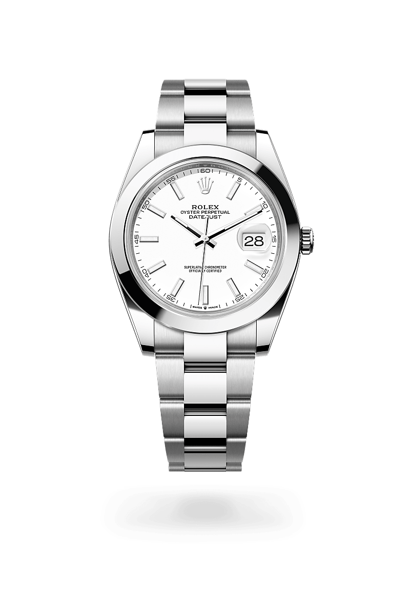 Rolex Datejust 41 in Oyster, 41 mm, Oystersteel with a Wit dial, Glad bezel, and Oyster, massieve driedelige schakels bracelet