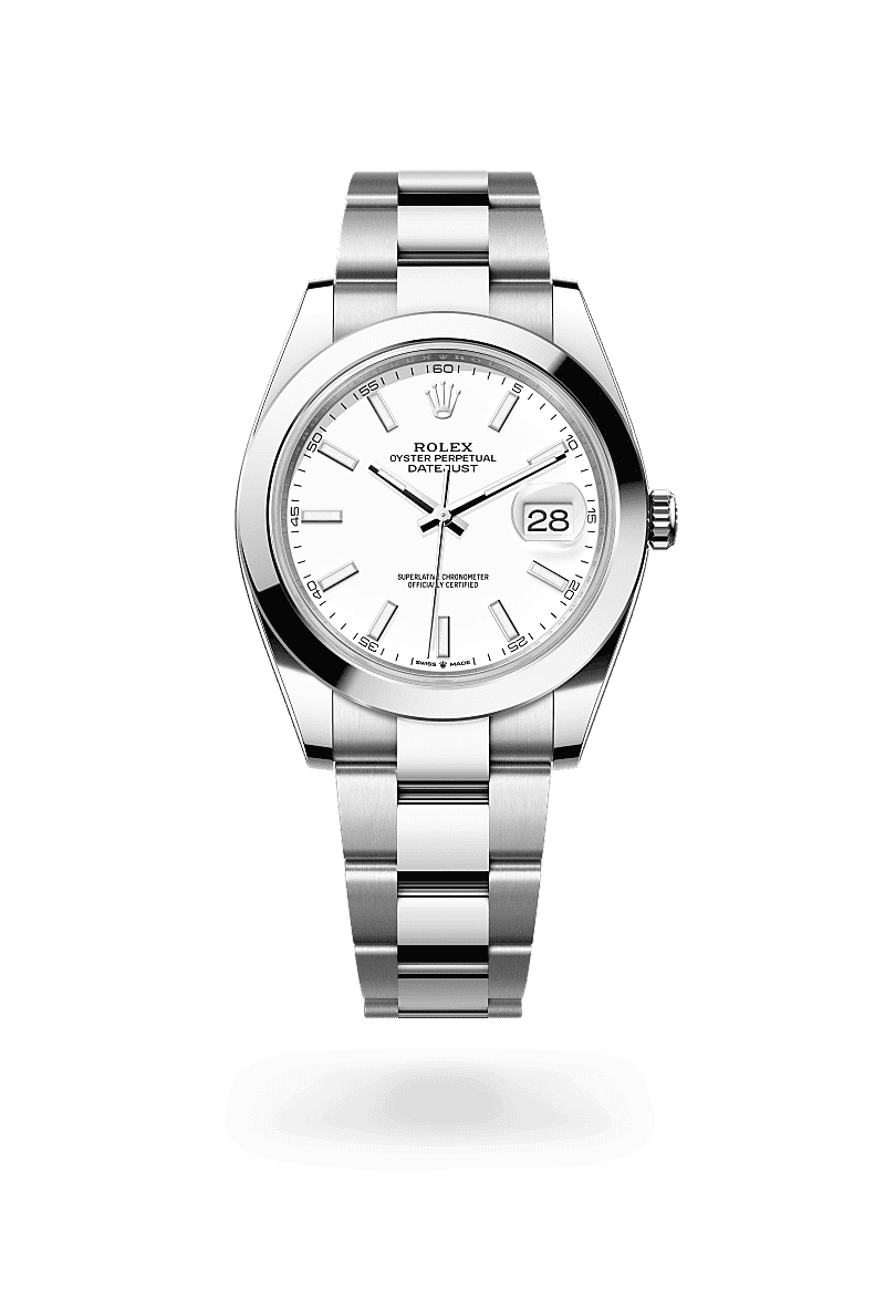 Rolex Datejust 41 in Oyster, 41 mm, Oystersteel with a Wit dial, Glad bezel, and Oyster, massieve driedelige schakels bracelet