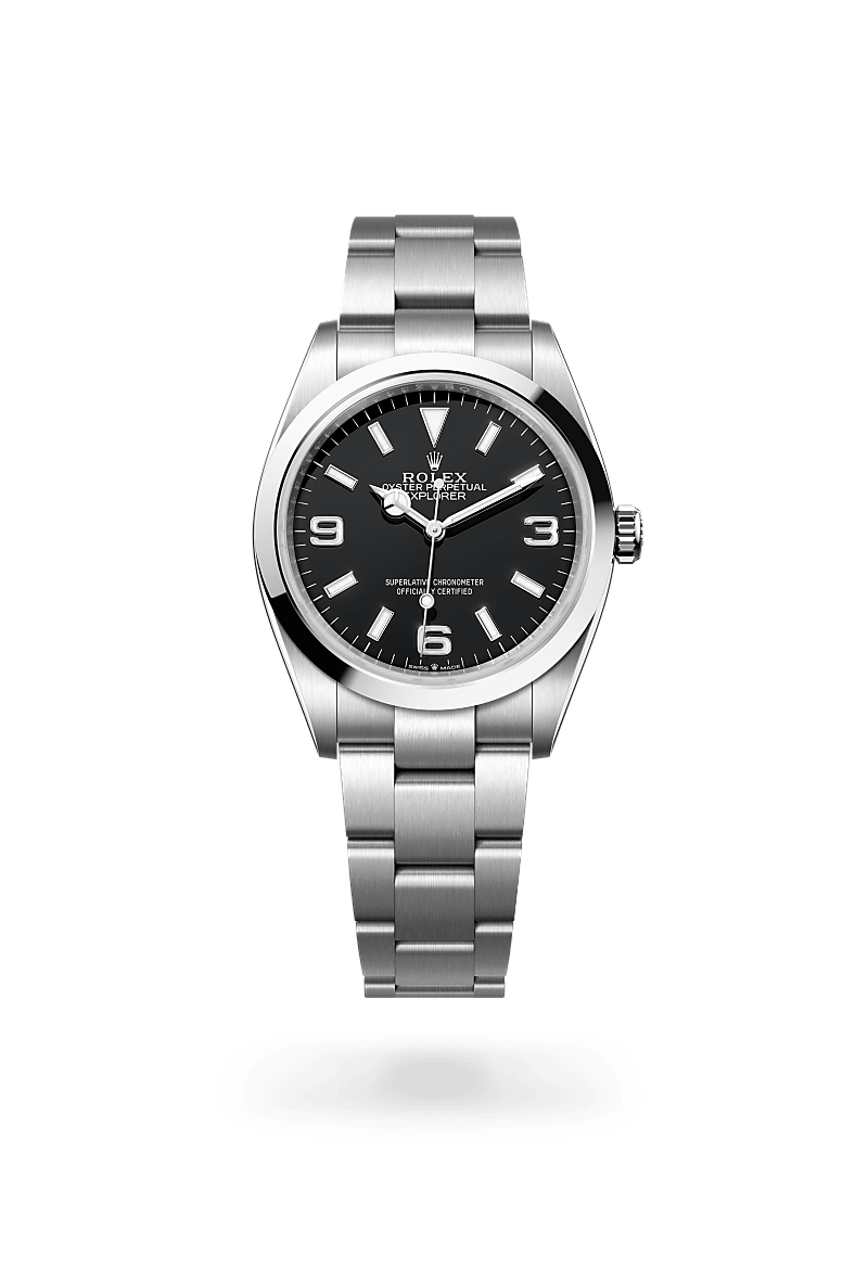 Rolex Explorer 36 in Oyster, 36 mm, Oystersteel with a Black dial, Smooth bezel, and Oyster, three-piece solid links bracelet