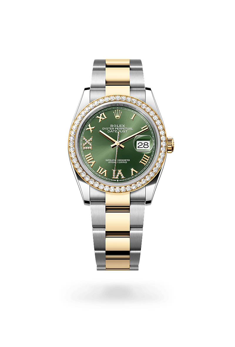 Rolex Datejust 36 in Oyster, 36 mm, Oystersteel, geelgoud en diamanten with a Olijfgroen bezet met diamanten dial, Bezet met diamanten bezel, and Oyster, massieve driedelige schakels bracelet