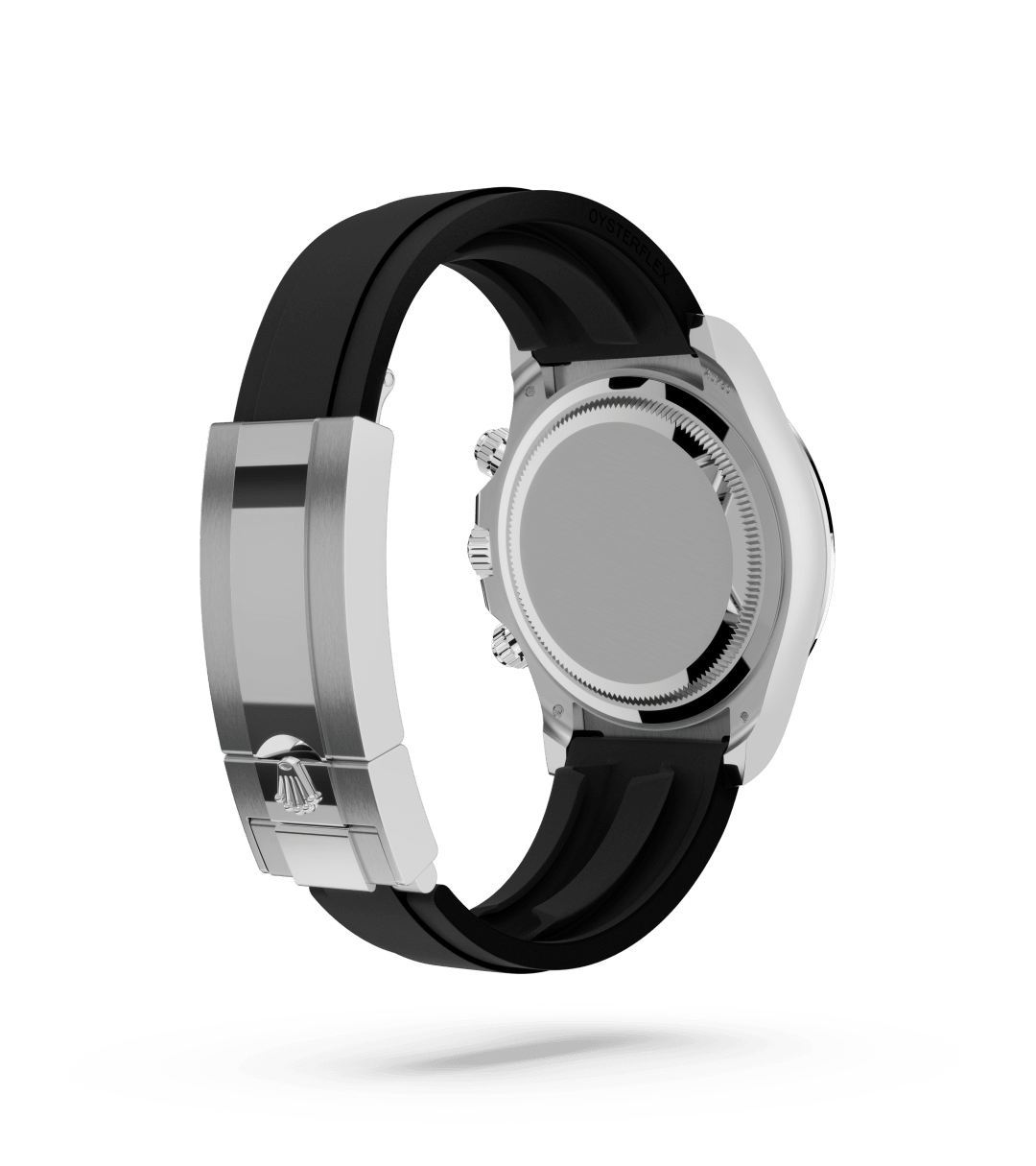Rolex Cosmograph Daytona in Oyster, 40 mm, witgoud with a Staal en helderzwart dial, Zwarte Cerachrom-bezel uit één stuk keramiek met gevormde tachymetrische schaal bezel, and Oysterflex-band bracelet