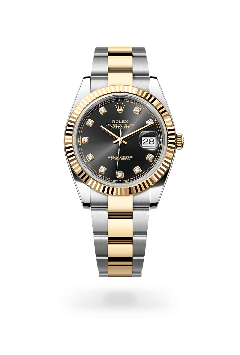 Rolex Datejust 41 in Oyster, 41 mm, Oystersteel and yellow gold with a Bright black set with diamonds dial, Fluted bezel, and Oyster, three-piece solid links bracelet