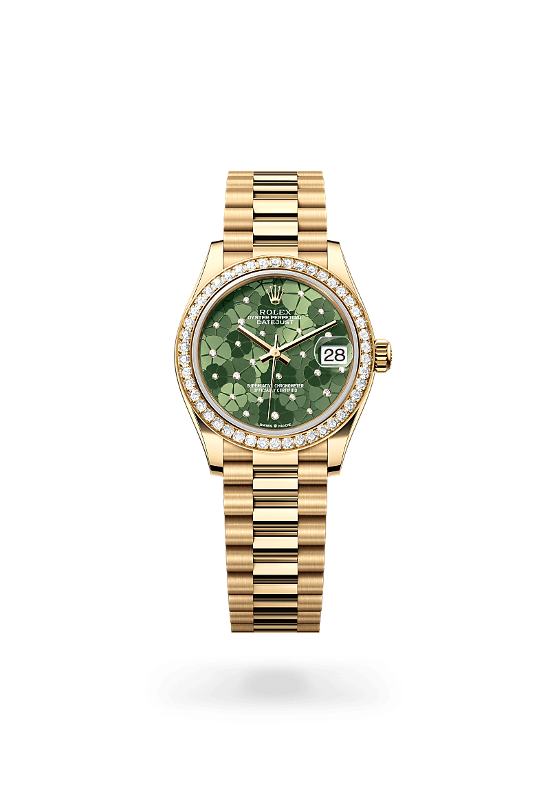 Rolex Datejust 31 in Oyster, 31 mm, yellow gold and diamonds with a Olive green, floral motif set with diamonds dial, Set with diamonds bezel, and President, semi-circular three-piece links bracelet