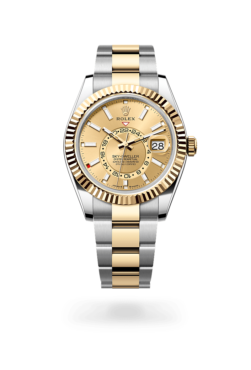 Rolex Sky-Dweller in Oyster, 42 mm, Oystersteel and yellow gold with a Champagne-colour dial, Fluted, bidirectional rotatable Rolex Ring Command bezel, and Oyster, three-piece solid links bracelet