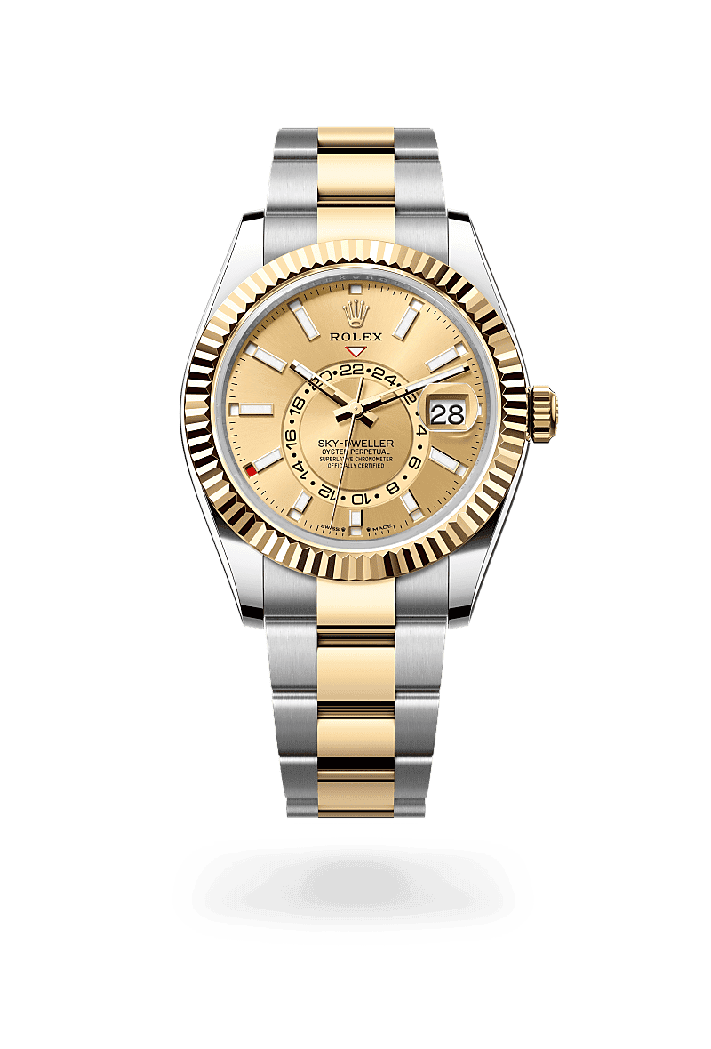 Rolex Sky-Dweller in Oyster, 42 mm, Oystersteel and yellow gold with a Champagne-colour dial, Fluted, bidirectional rotatable Rolex Ring Command bezel, and Oyster, three-piece solid links bracelet