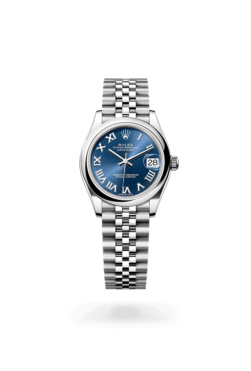 Rolex Datejust 31 in Oyster, 31 mm, Oystersteel with a Helderblauw dial, Gewelfd bezel, and Jubilee, vijfdelige schakels bracelet
