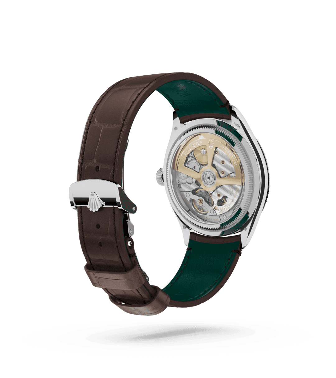 Rolex 1908 in 39 mm, platinum, polished finish with a Ice blue, rice-grain motif dial, Domed and fluted bezel, and Leather strap bracelet