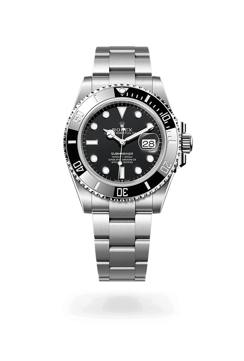 Rolex Submariner Date in Oyster, 41 mm, Oystersteel with a Black dial, Unidirectional rotatable 60-minute graduated, scratch-resistant Cerachrom insert in black ceramic, numerals and graduations coated in platinum bezel, and Oyster, three-piece solid links bracelet