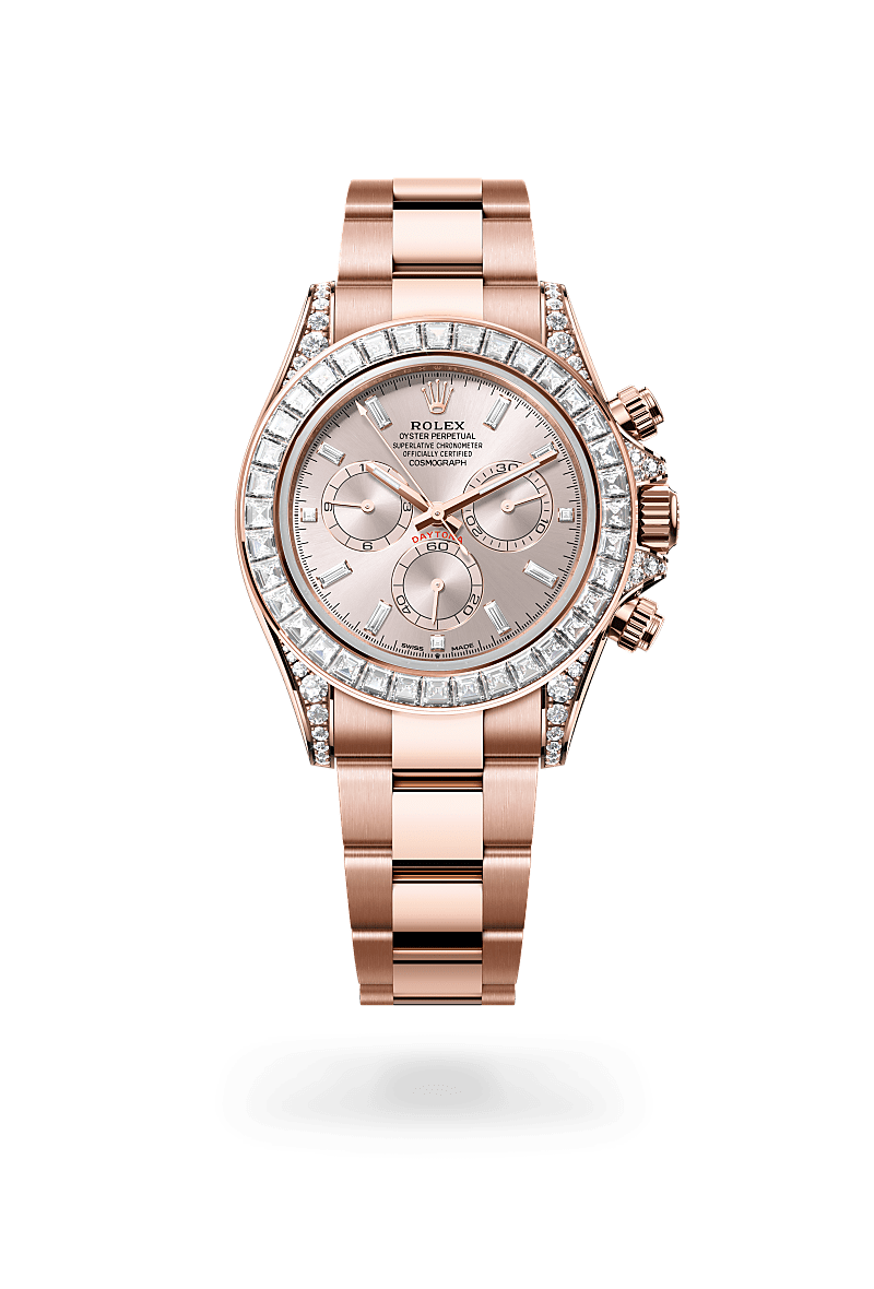 Rolex Cosmograph Daytona in Oyster, 40 mm, Everose gold and diamonds with a Sundust set with diamonds dial, Set with diamonds bezel, and Oyster, three-piece solid links bracelet