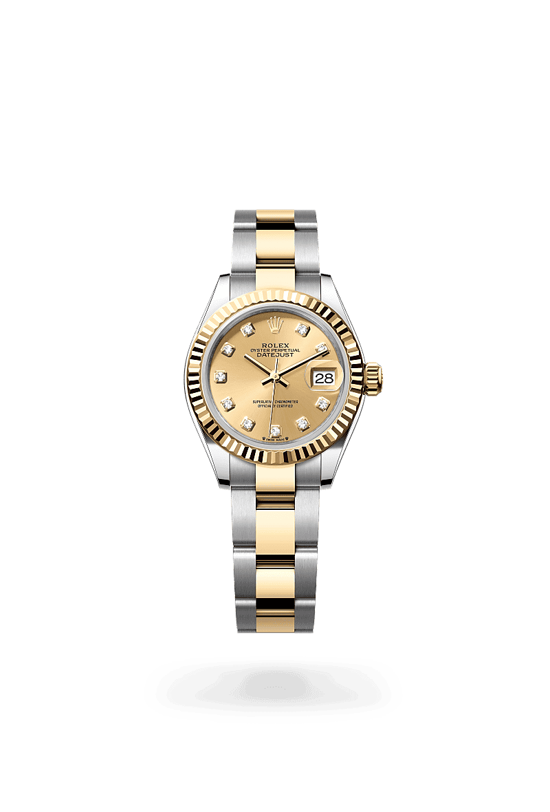 Rolex Lady-Datejust in Oyster, 28 mm, Oystersteel en geelgoud with a Champagnekleurig, bezet met diamanten dial, Gekarteld bezel, and Oyster, massieve driedelige schakels bracelet