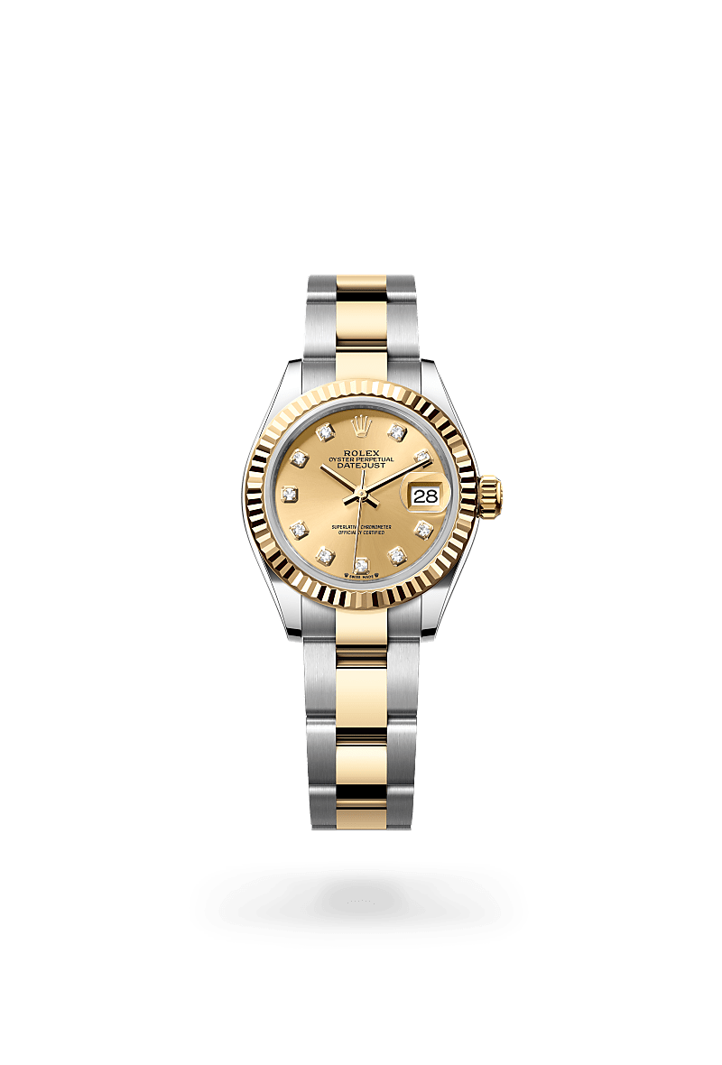 Rolex Lady-Datejust in Oyster, 28 mm, Oystersteel and yellow gold with a Champagne-colour set with diamonds dial, Fluted bezel, and Oyster, three-piece solid links bracelet