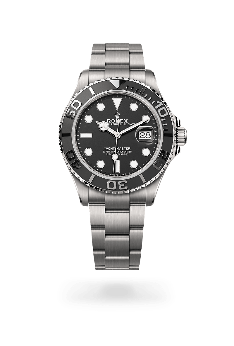 Rolex Yacht-Master 42 in Oyster, 42 mm, RLX titanium with a Intense black dial, Bidirectional rotatable 60-minute graduated bezel with matt black Cerachrom insert in ceramic, polished raised numerals and graduations bezel, and Oyster, three-piece solid links bracelet