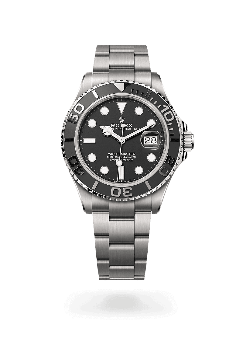 Rolex Yacht-Master 42 in Oyster, 42 mm, RLX titanium with a Diepzwart dial, Bidirectioneel draaibare bezel met 60-minutenverdeling met matzwarte keramische Cerachrom-ring, gepolijste cijfers en schaalverdeling in reliëf bezel, and Oyster, massieve driedelige schakels bracelet
