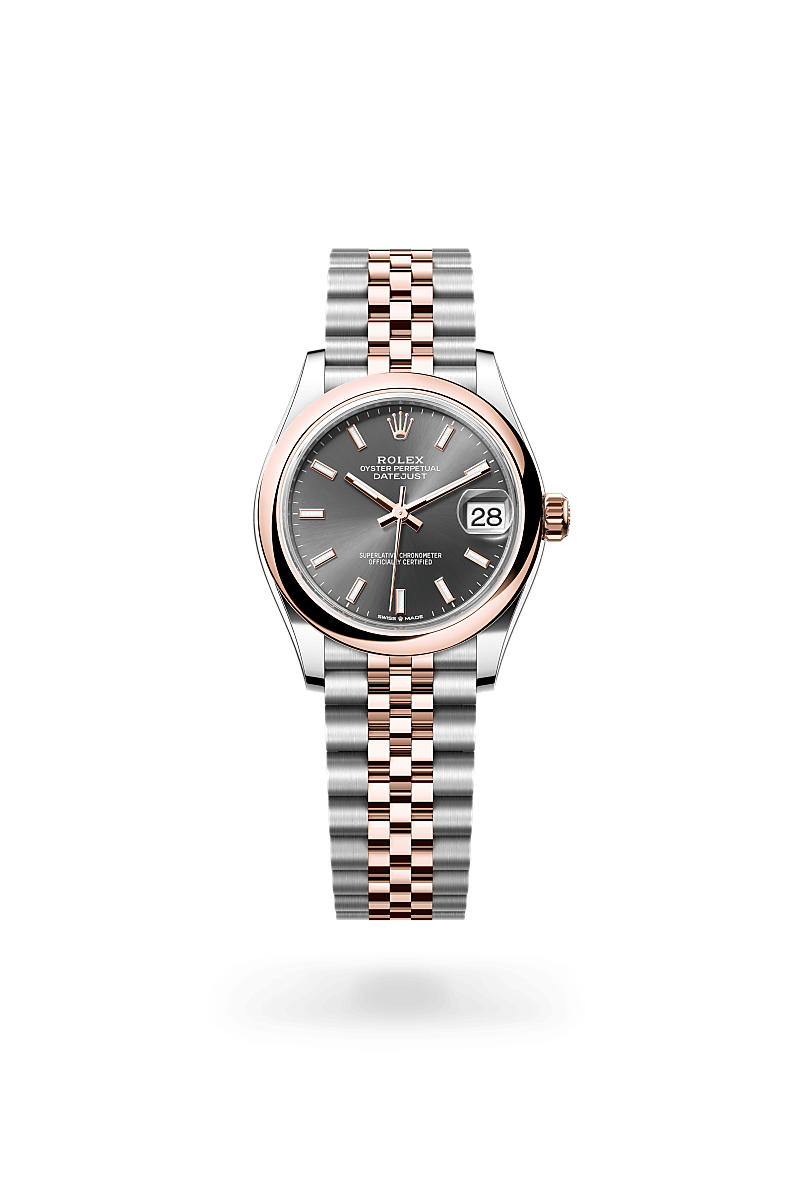 Rolex Datejust 31 in Oyster, 31 mm, Oystersteel en Everose-goud with a Leigrijs dial, Gewelfd bezel, and Jubilee, vijfdelige schakels bracelet