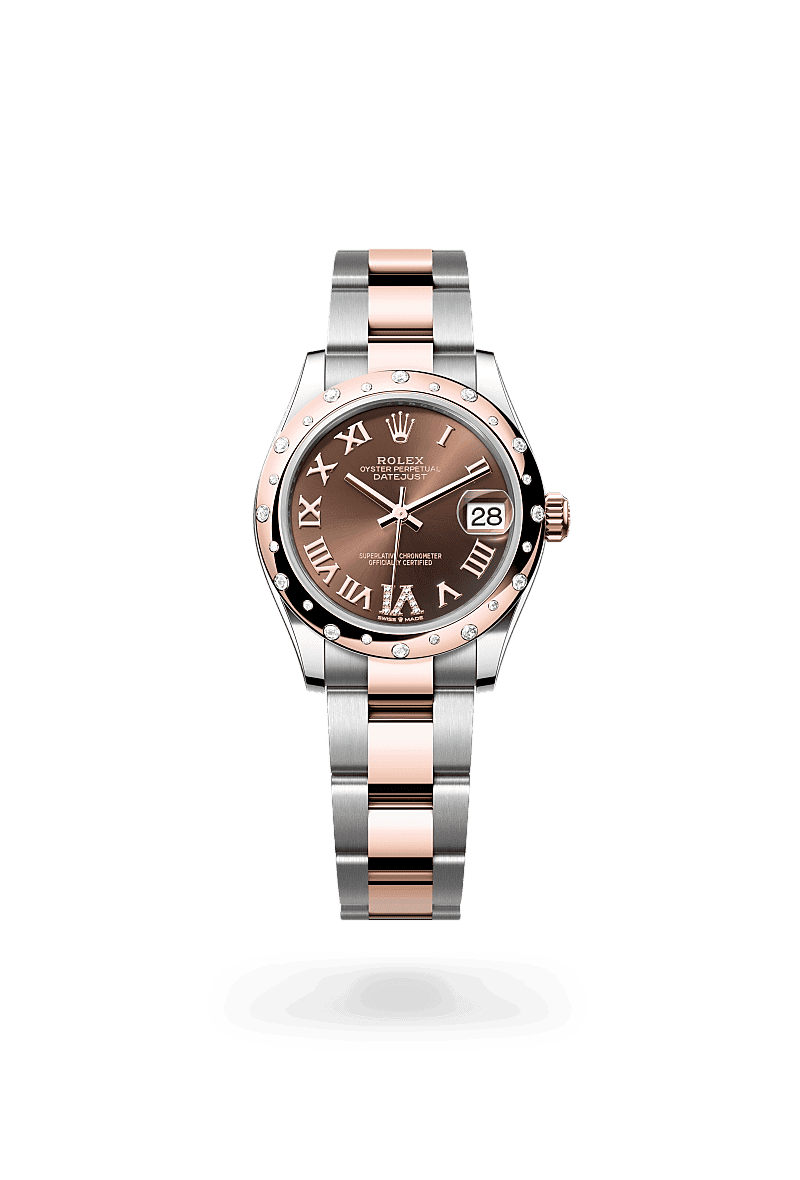 Rolex Datejust 31 in Oyster, 31 mm, Oystersteel, Everose gold and diamonds with a Chocolate set with diamonds dial, Domed, set with diamonds bezel, and Oyster, three-piece solid links bracelet