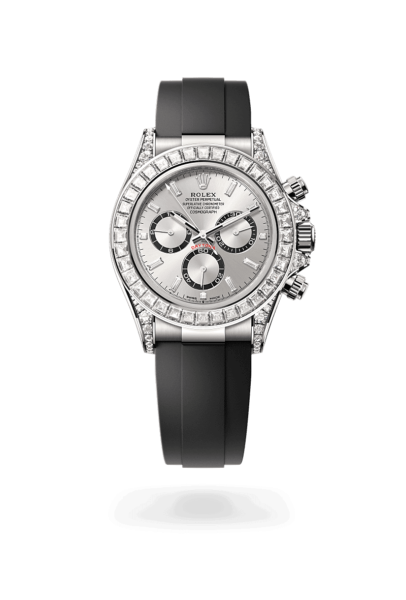 Rolex Cosmograph Daytona in Oyster, 40 mm, white gold and diamonds with a Steel, bright black counter rings set with diamonds dial, Set with diamonds bezel, and Oysterflex bracelet
