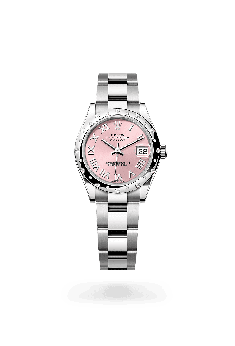 Rolex Datejust 31 in Oyster, 31 mm, Oystersteel, witgoud en diamanten with a Roze dial, Gewelfd, bezet met diamanten bezel, and Oyster, massieve driedelige schakels bracelet
