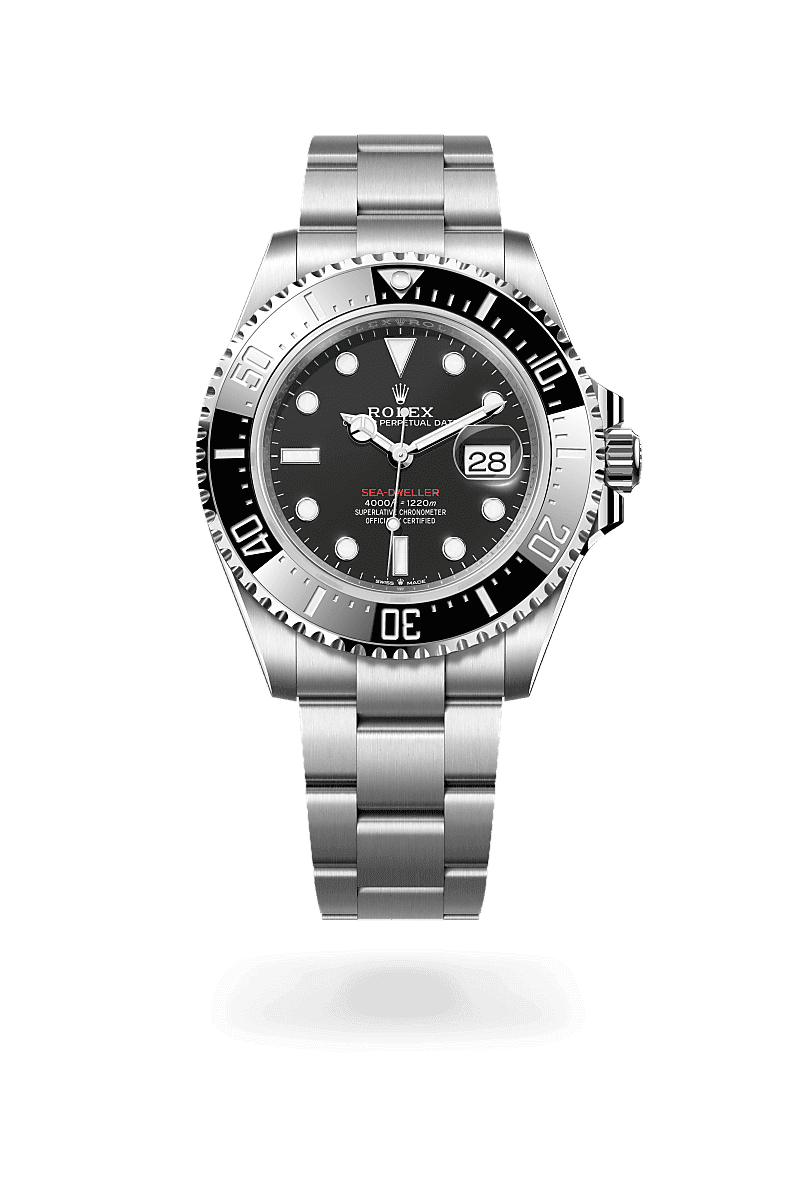 Rolex Sea-Dweller in Oyster, 43 mm, Oystersteel with a Diepzwart dial, Unidirectioneel draaibaar met 60-minutenverdeling, krasbestendige Cerachrom-ring van zwarte keramiek, cijfers en schaalverdelingen met platina coating bezel, and Oyster, massieve driedelige schakels bracelet