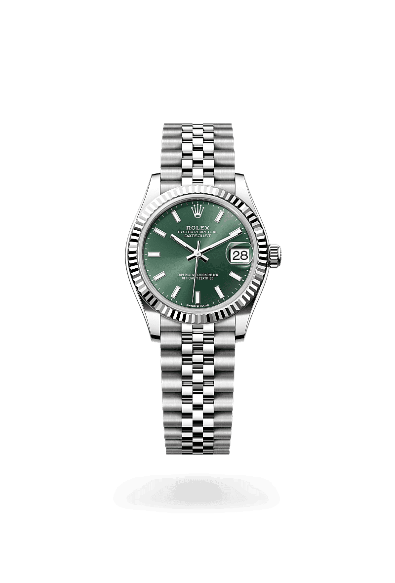 Rolex Datejust 31 in Oyster, 31 mm, Oystersteel and white gold with a Mint green dial, Fluted bezel, and Jubilee, five-piece links bracelet