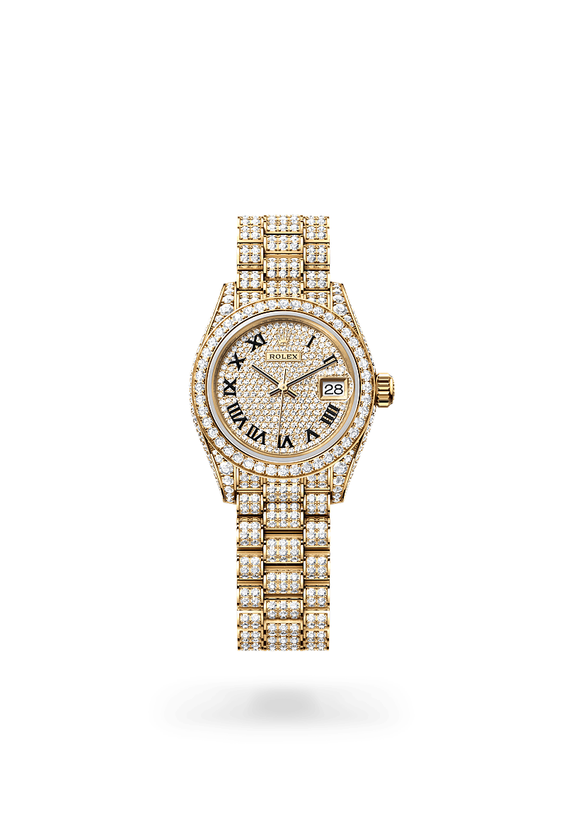 Rolex Lady-Datejust in Oyster, 28 mm, geelgoud en diamanten with a Belegd met diamanten dial, Bezet met 44 briljantgeslepen diamanten bezel, and President, driedelige massieve schakels, bezet met 596 briljantgeslepen diamanten bracelet