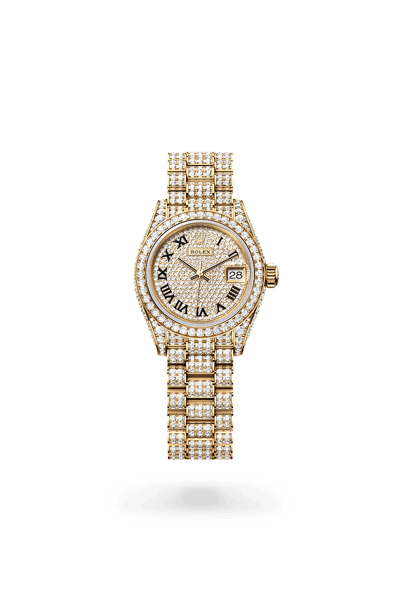 Rolex Lady-Datejust in Oyster, 28 mm, geelgoud en diamanten with a Belegd met diamanten dial, Bezet met 44 briljantgeslepen diamanten bezel, and President, driedelige massieve schakels, bezet met 596 briljantgeslepen diamanten bracelet