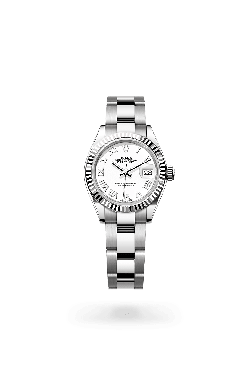Rolex Lady-Datejust in Oyster, 28 mm, Oystersteel en witgoud with a Wit dial, Gekarteld bezel, and Oyster, massieve driedelige schakels bracelet