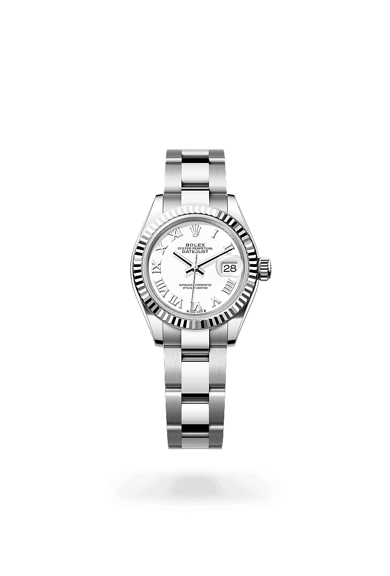 Rolex Lady-Datejust in Oyster, 28 mm, Oystersteel en witgoud with a Wit dial, Gekarteld bezel, and Oyster, massieve driedelige schakels bracelet