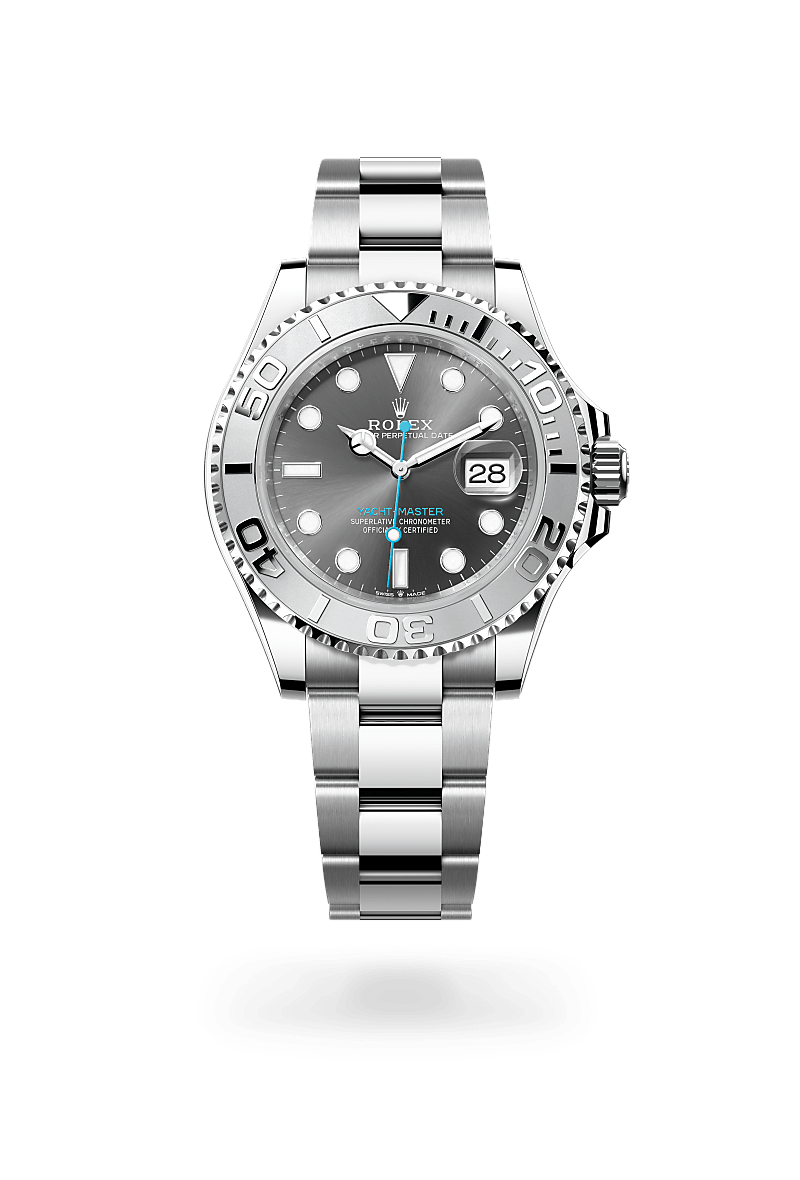 Rolex Yacht-Master 40 in Oyster, 40 mm, Oystersteel and platinum with a Slate dial, Platinum bidirectional rotatable 60-minute graduated with raised numerals bezel, and Oyster, three-piece solid links bracelet