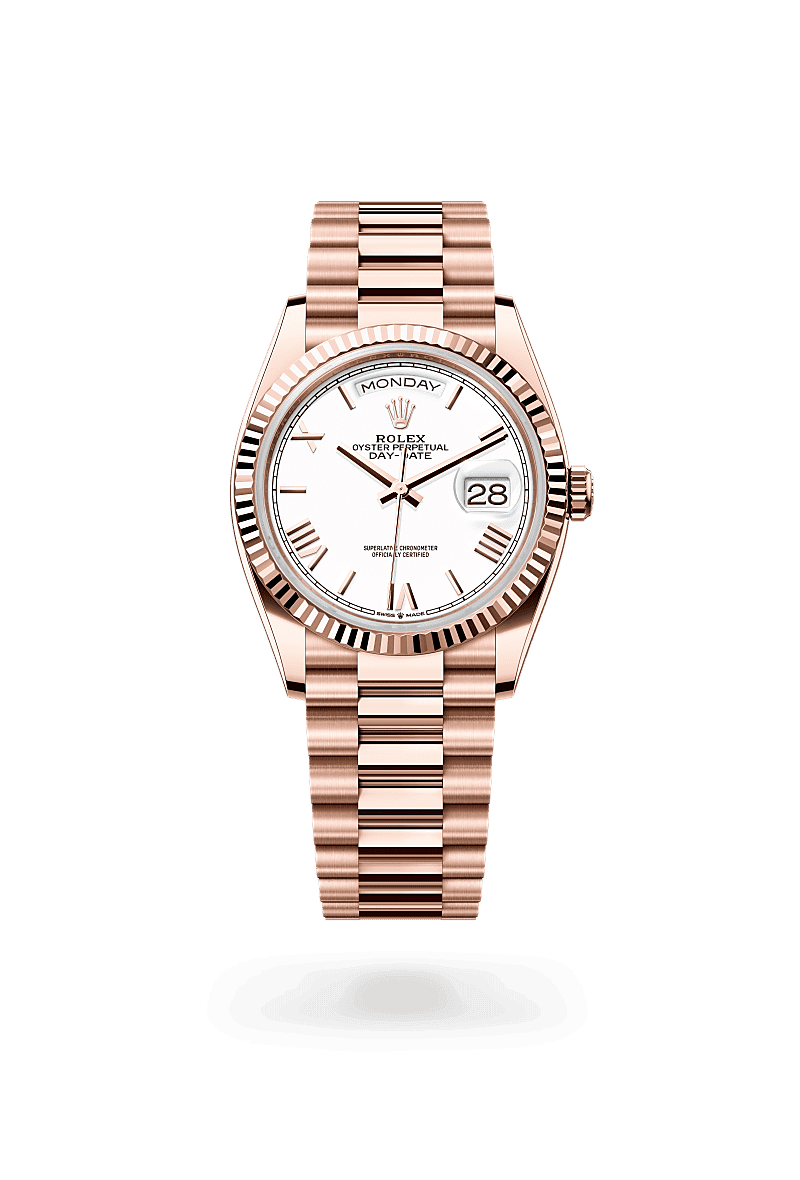Rolex Day-Date 36 in Oyster, 36 mm, Everose gold with a White dial, Fluted bezel, and President, semi-circular three-piece links bracelet