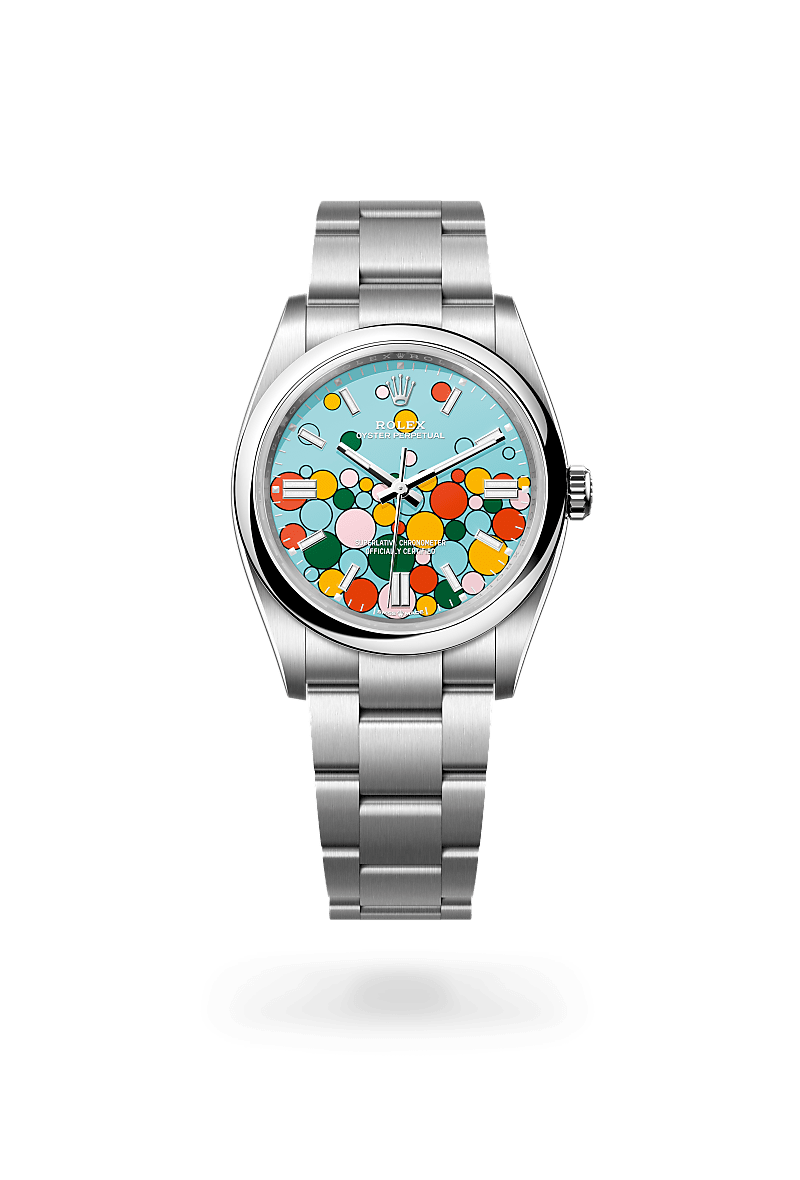 Rolex Oyster Perpetual 36 in Oyster, 36 mm, Oystersteel with a Turquoise blue, Celebration motif dial, Domed bezel, and Oyster, three-piece solid links bracelet