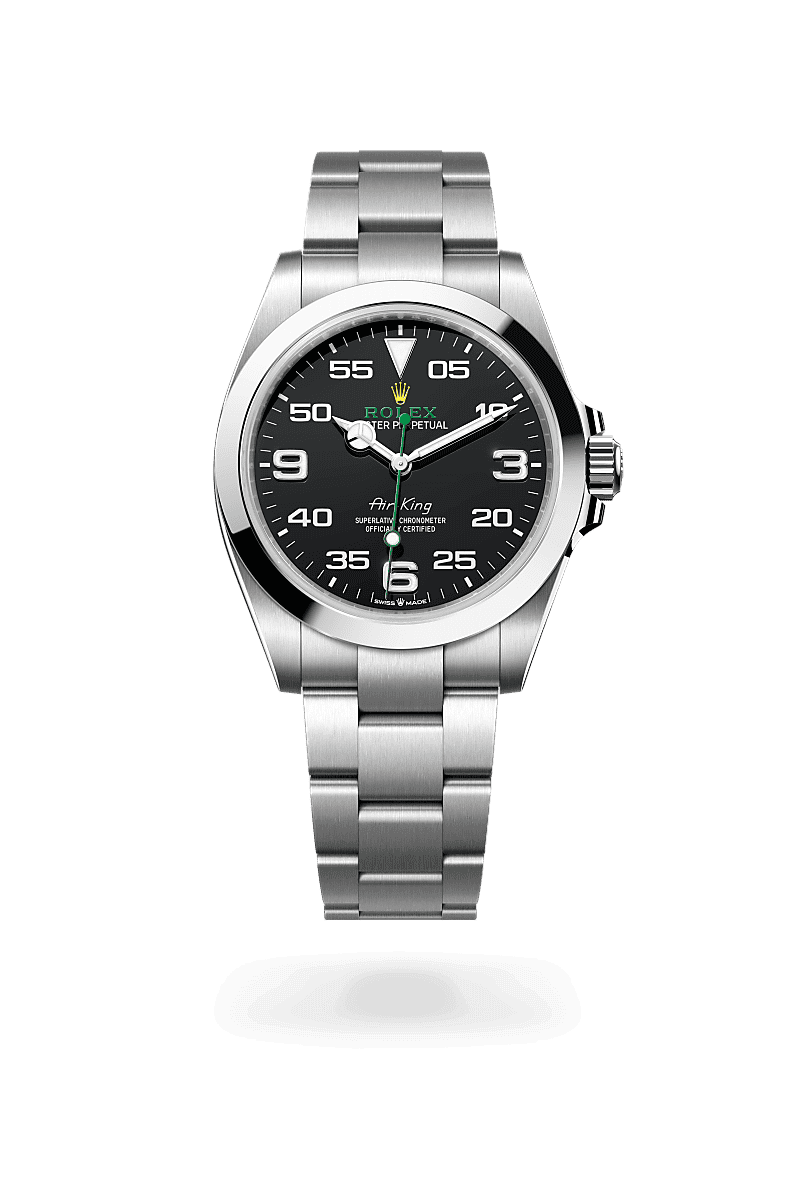 Rolex Air-King in Oyster, 40 mm, Oystersteel with a Zwart dial, Glad bezel, and Oyster, massieve driedelige schakels bracelet