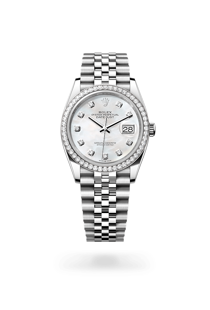Rolex Datejust 36 in Oyster, 36 mm, Oystersteel, witgoud en diamanten with a Wit parelmoer, bezet met diamanten dial, Bezet met diamanten bezel, and Jubilee, vijfdelige schakels bracelet